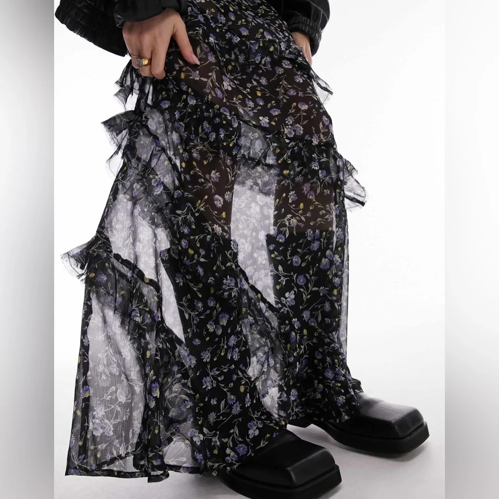 Topshop Black and Blue Floral Maxi Skirt